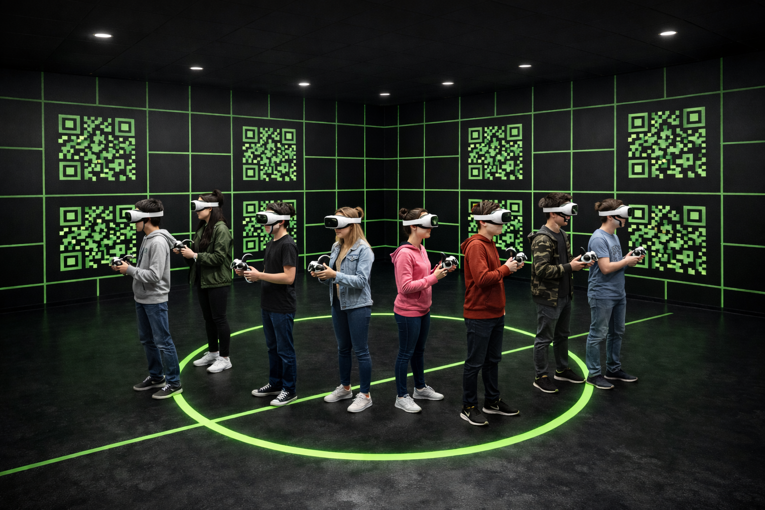 Players with VR headsets in the arena